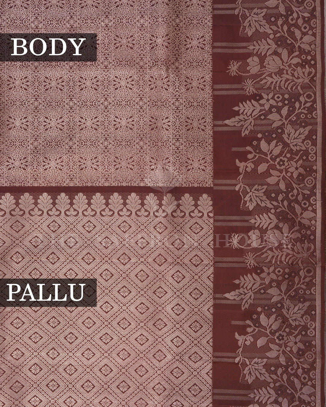 Maroon Kanchivaram Silk Saree with Silver Zari Diamond Jaal Weave & Floral Vine Border