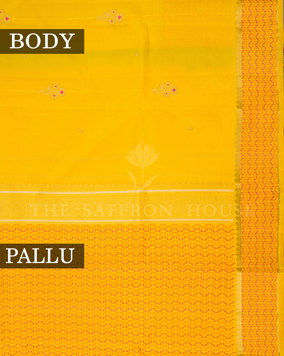 Yellow Kanchivaram Silk Saree with Scattered Zari Butis & Pink-Orange Chevron Border