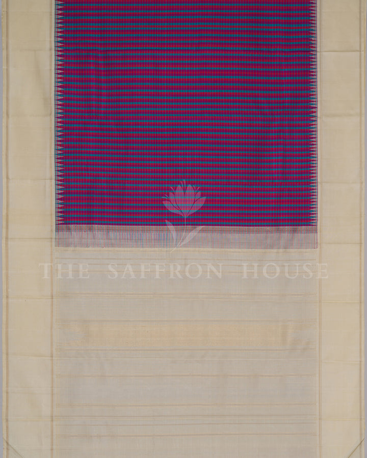 Handloom Kanjivaram Silk Saree in Dual Tone Teal Blue And Rani Pink and Off White - TSH250068