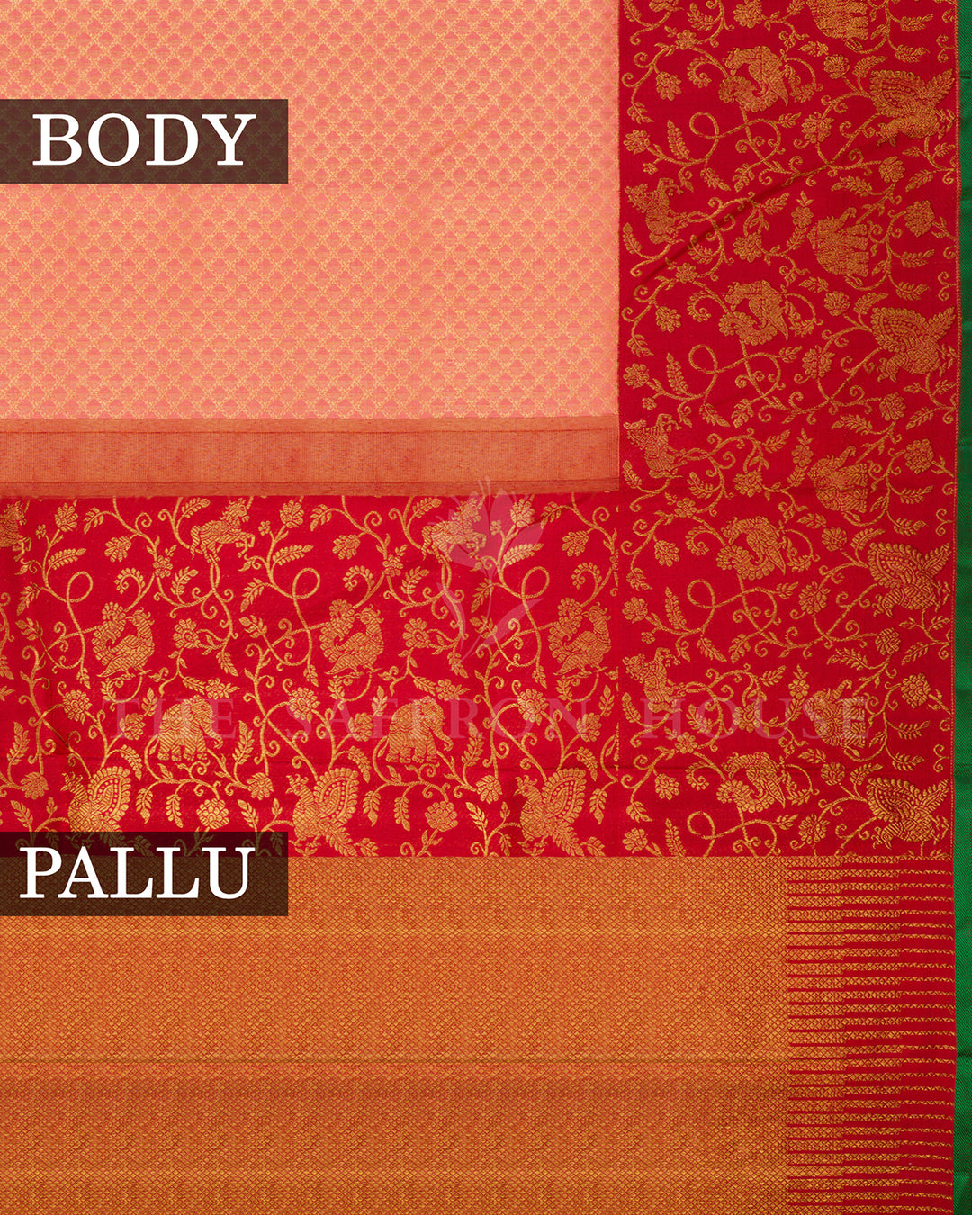 Peach Kanchivaram Silk Saree with Gold Zari Diamond Check Weave & Red Shikargah Border