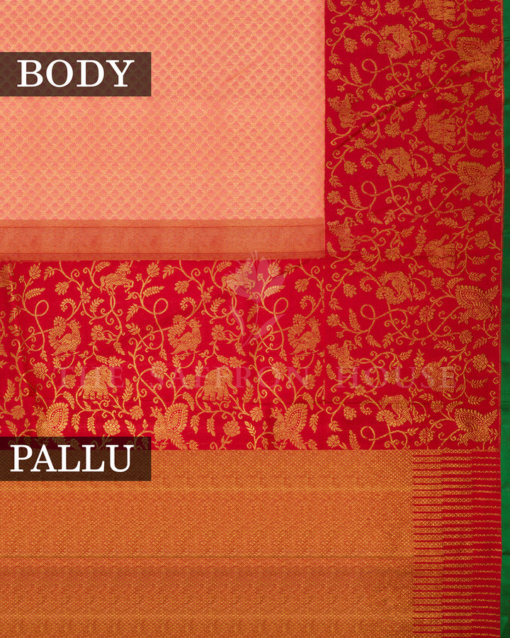 Peach Kanchivaram Silk Saree with Gold Zari Diamond Check Weave & Red Shikargah Border