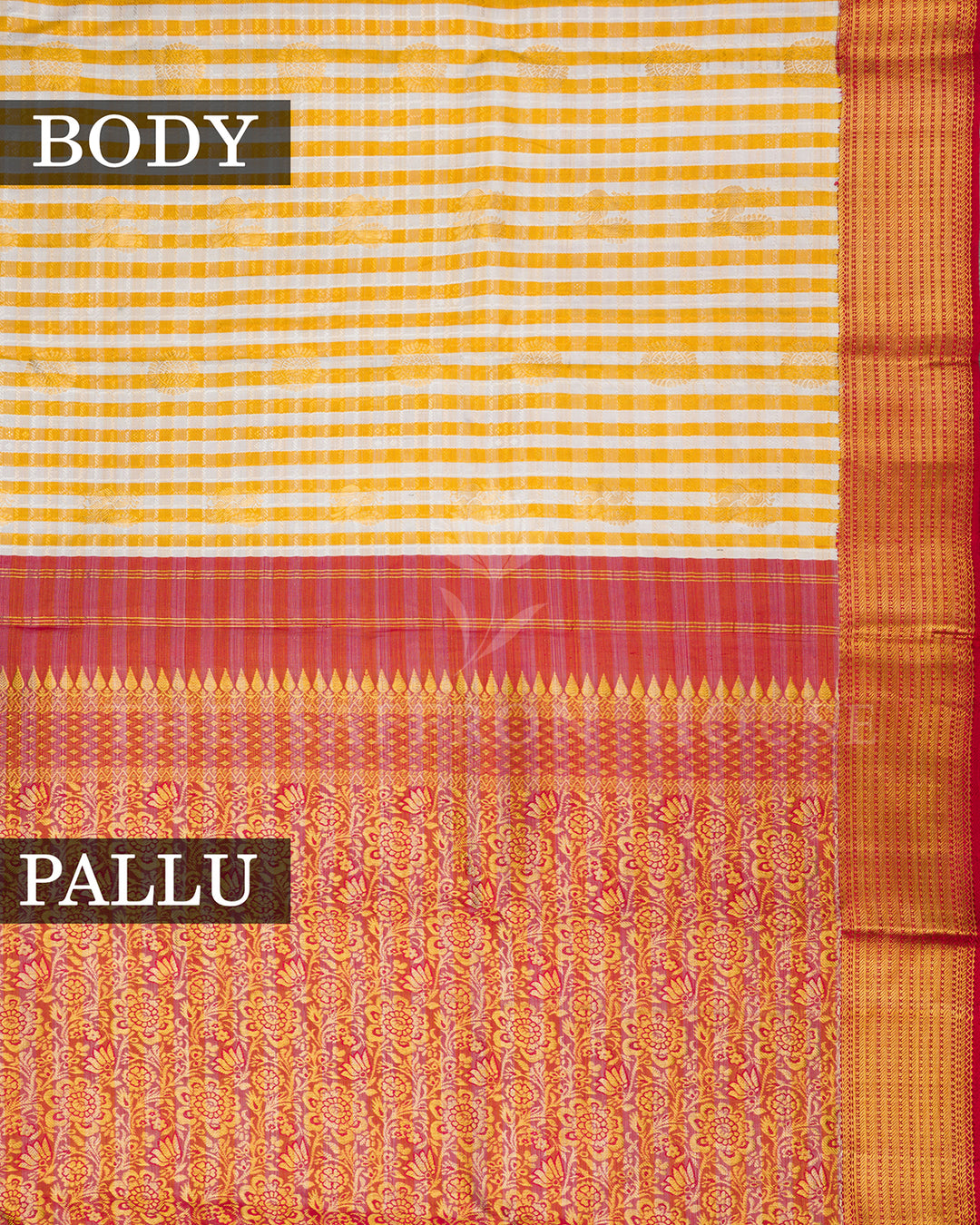 Yellow-White Checkered Kanchivaram Silk Saree with Maroon Temple Border & Floral Pallu