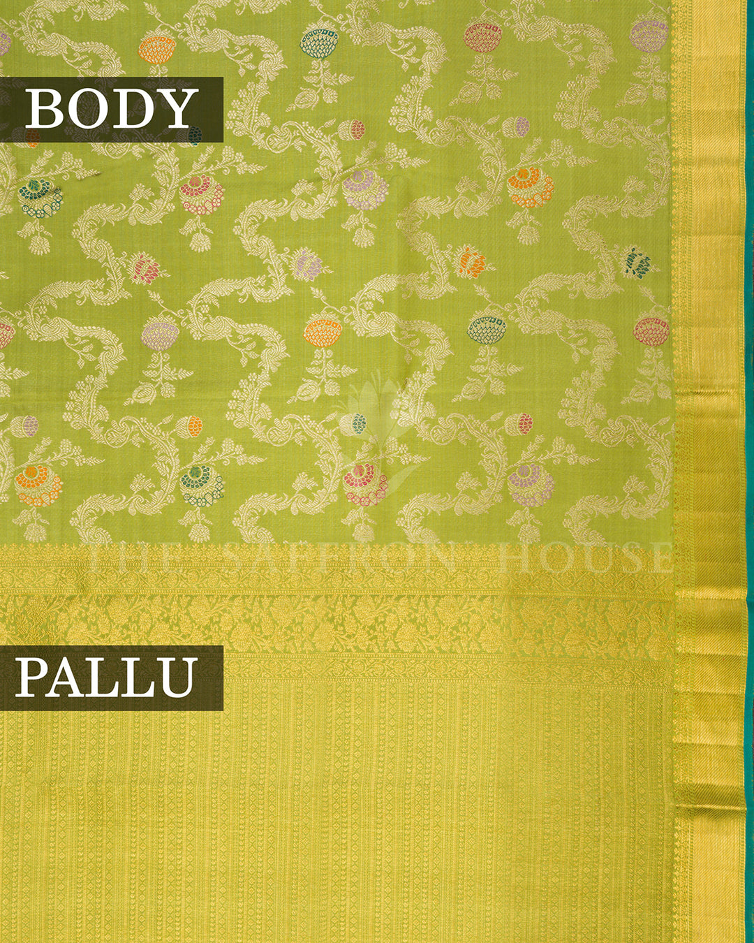 Lime Green Kanchivaram Silk Saree with Multicolor Meenakari Floral Vine Weave & Gold Zari Border
