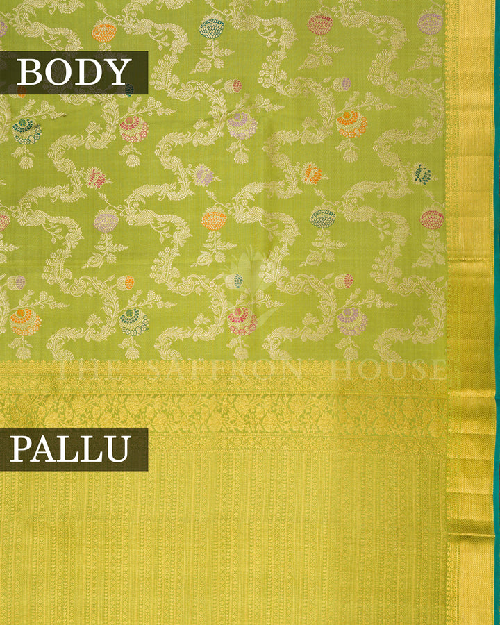 Lime Green Kanchivaram Silk Saree with Multicolor Meenakari Floral Vine Weave & Gold Zari Border