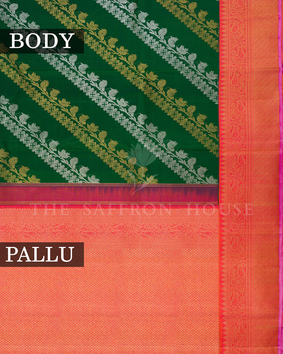 Bottle Green & Peach Kanchivaram Silk Saree