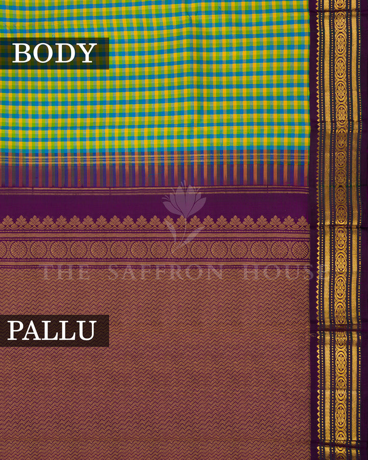 Multicolor Checkered Kanchivaram Silk Saree with Purple Zari Medallion Border