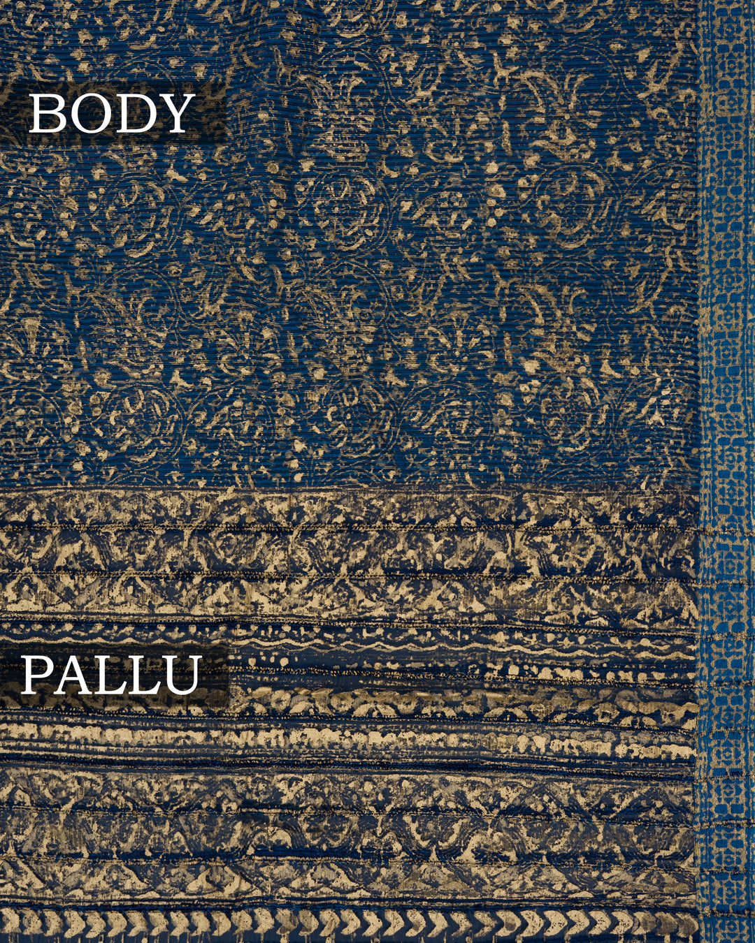 Royal Blue Handwoven Tussar Organza Saree With Golden Zari Stripes - TSH2506070-view2