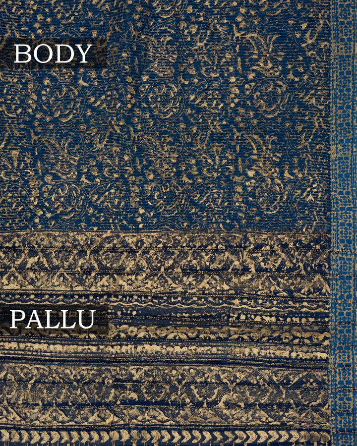 Royal Blue Handwoven Tussar Organza Saree With Golden Zari Stripes - TSH2506070-view2