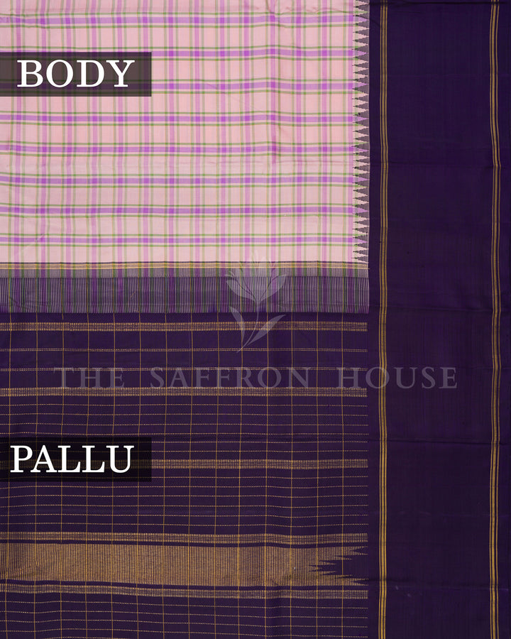 Pink Checkered Kanchivaram Silk Saree with Purple Zari Border & Temple Edge