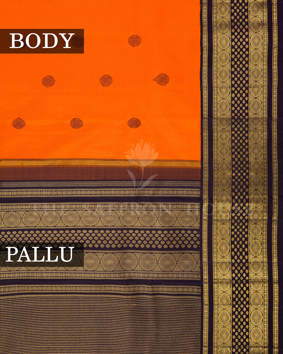 Orange Kanchivaram Silk Saree with Scattered Zari Butis & Deep Purple Medallion Border