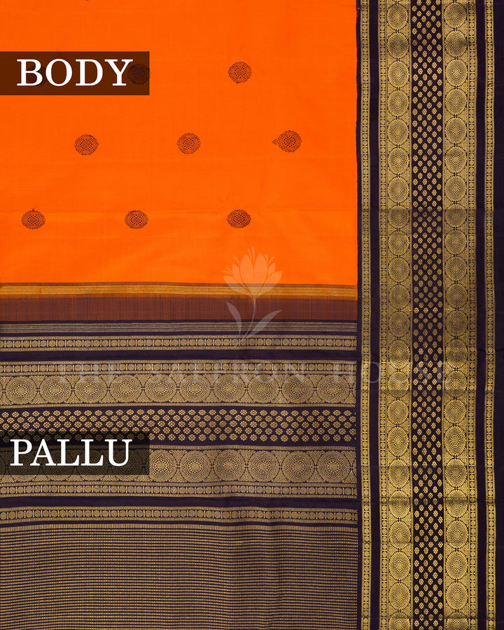Orange Kanchivaram Silk Saree with Scattered Zari Butis & Deep Purple Medallion Border