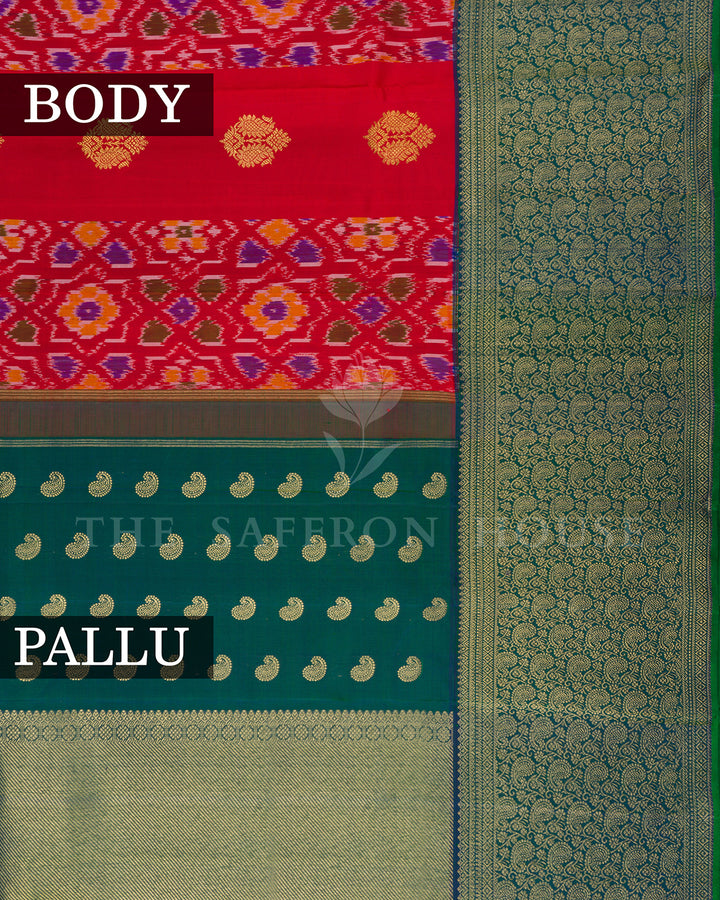 Red Ikat Kanchivaram Silk Saree with Teal Green Paisley Border & Pallu