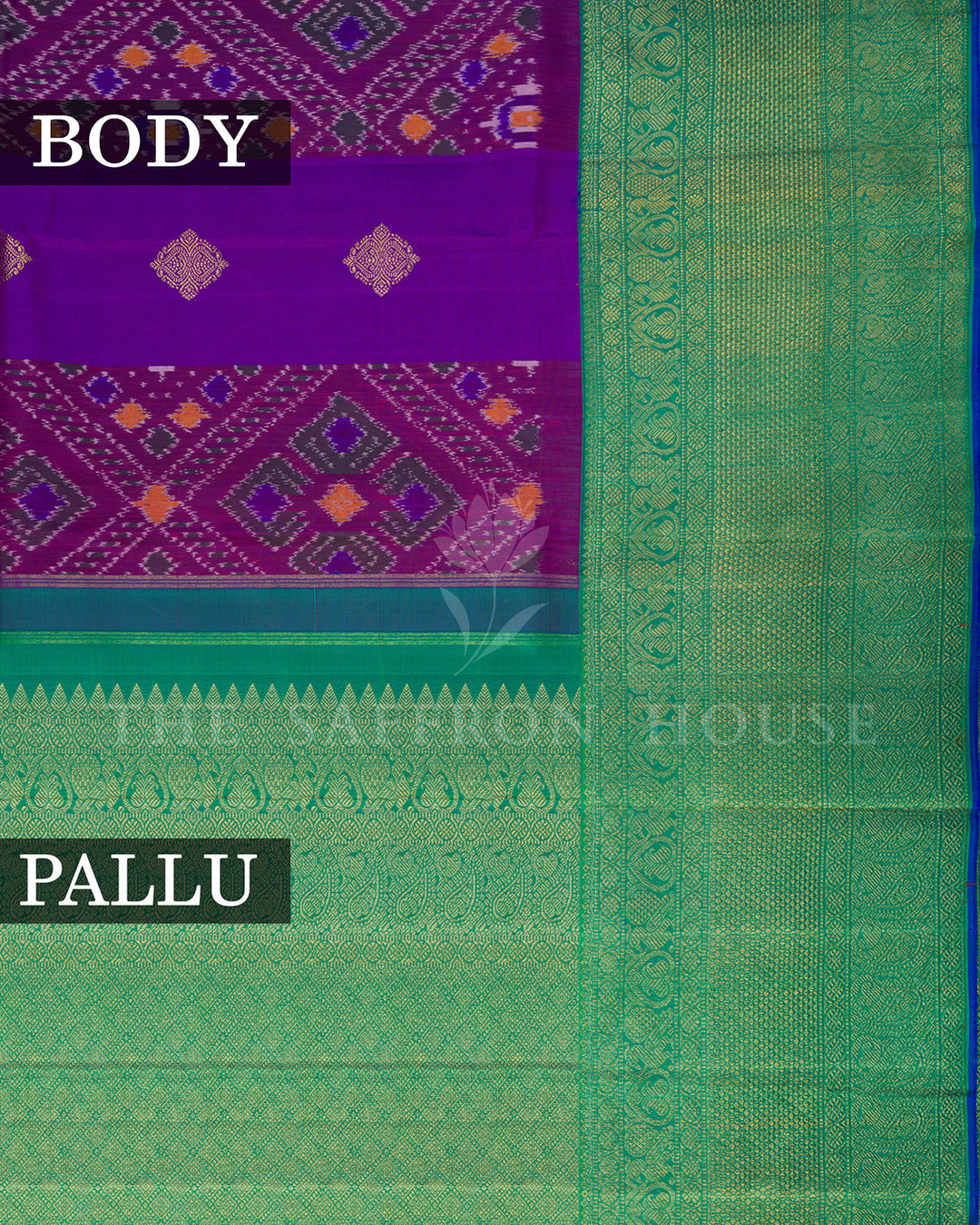 Purple Ikat Kanchivaram Silk Saree with Emerald Green Paisley Border & Pallu