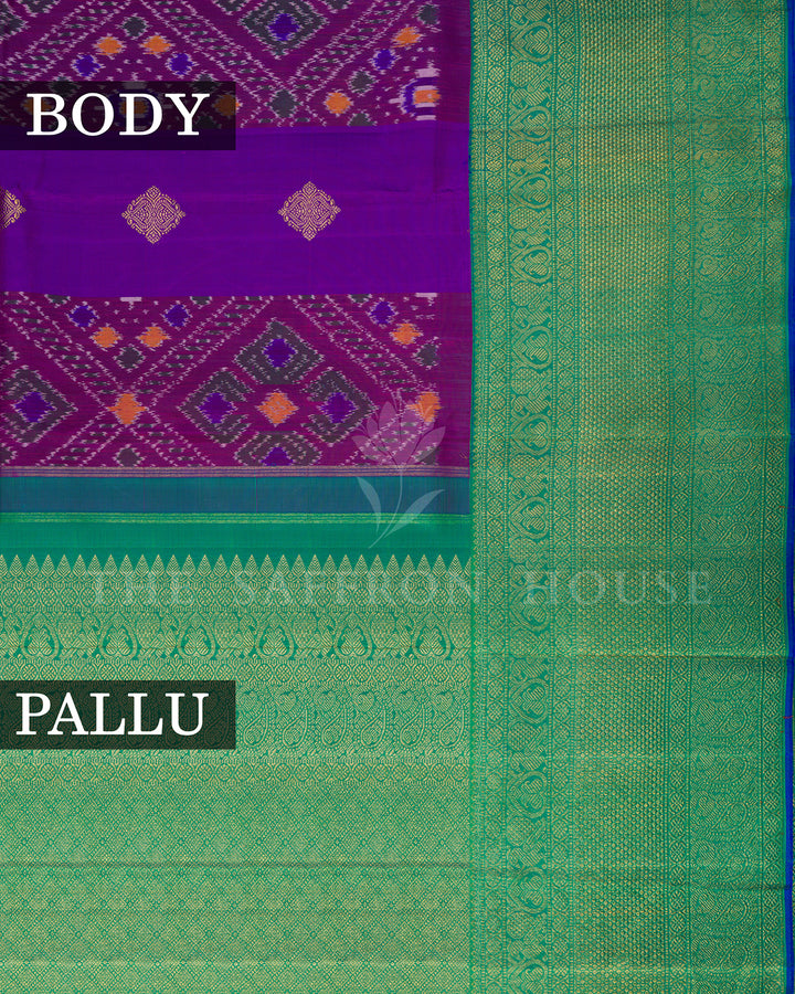 Purple Ikat Kanchivaram Silk Saree with Emerald Green Paisley Border & Pallu