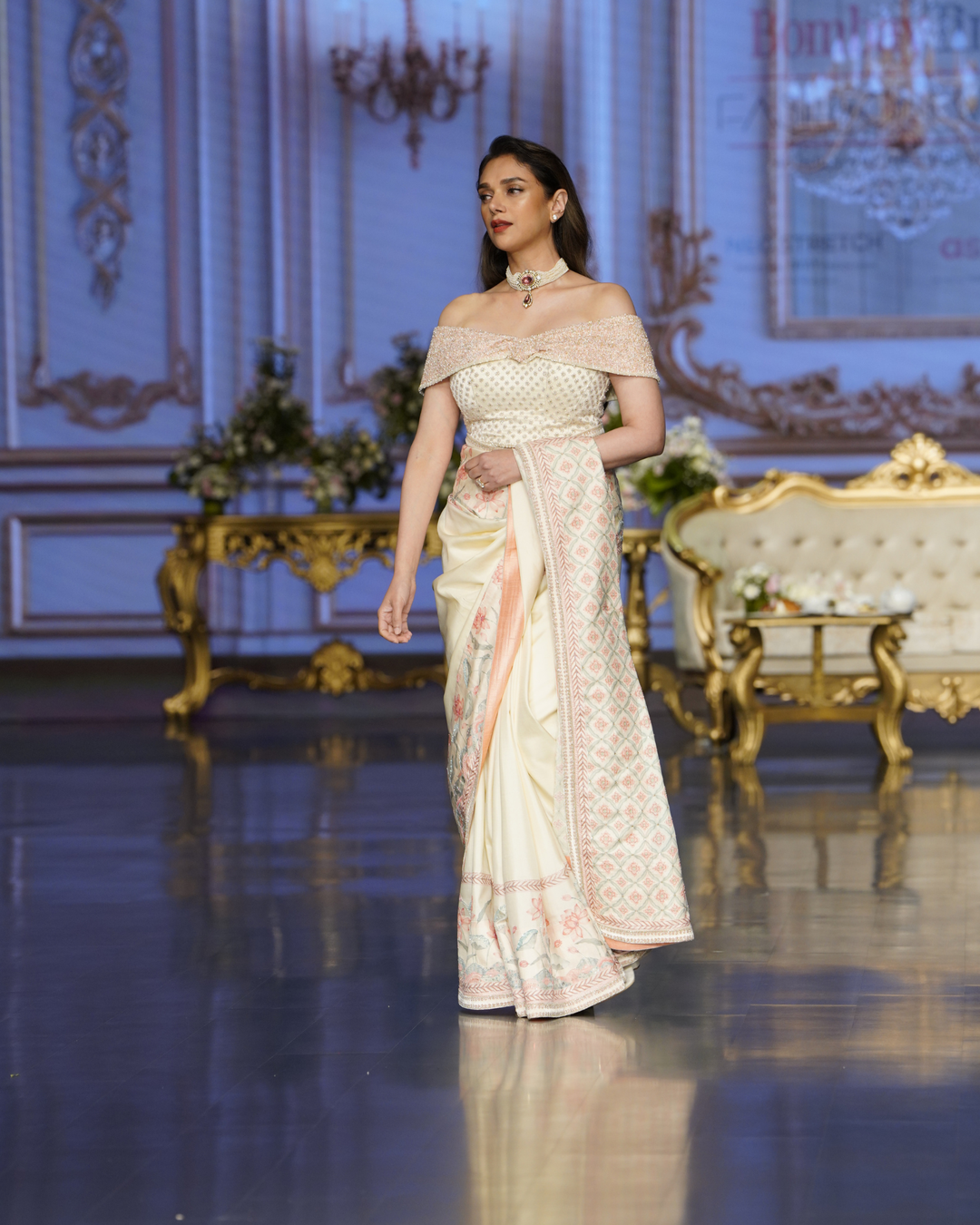 Ivory Blush Hand-Painted Embroidered Kanjivaram Silk Saree - Blooming Heiress - Look 1