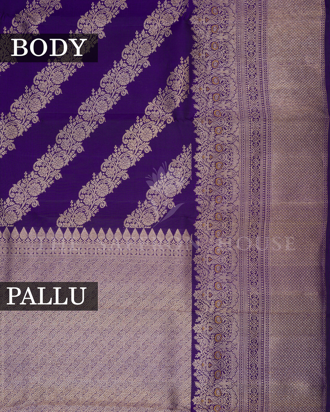 Deep Purple Kanchivaram Silk Saree with Diagonal Zari Floral Stripes & Peacock Border
