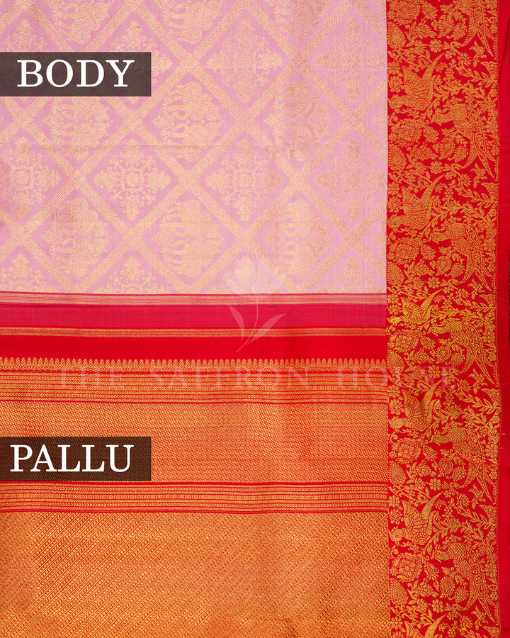 Pink Kanchivaram Silk Saree with Gold Zari Diamond Grid Weave & Red Shikargah Border