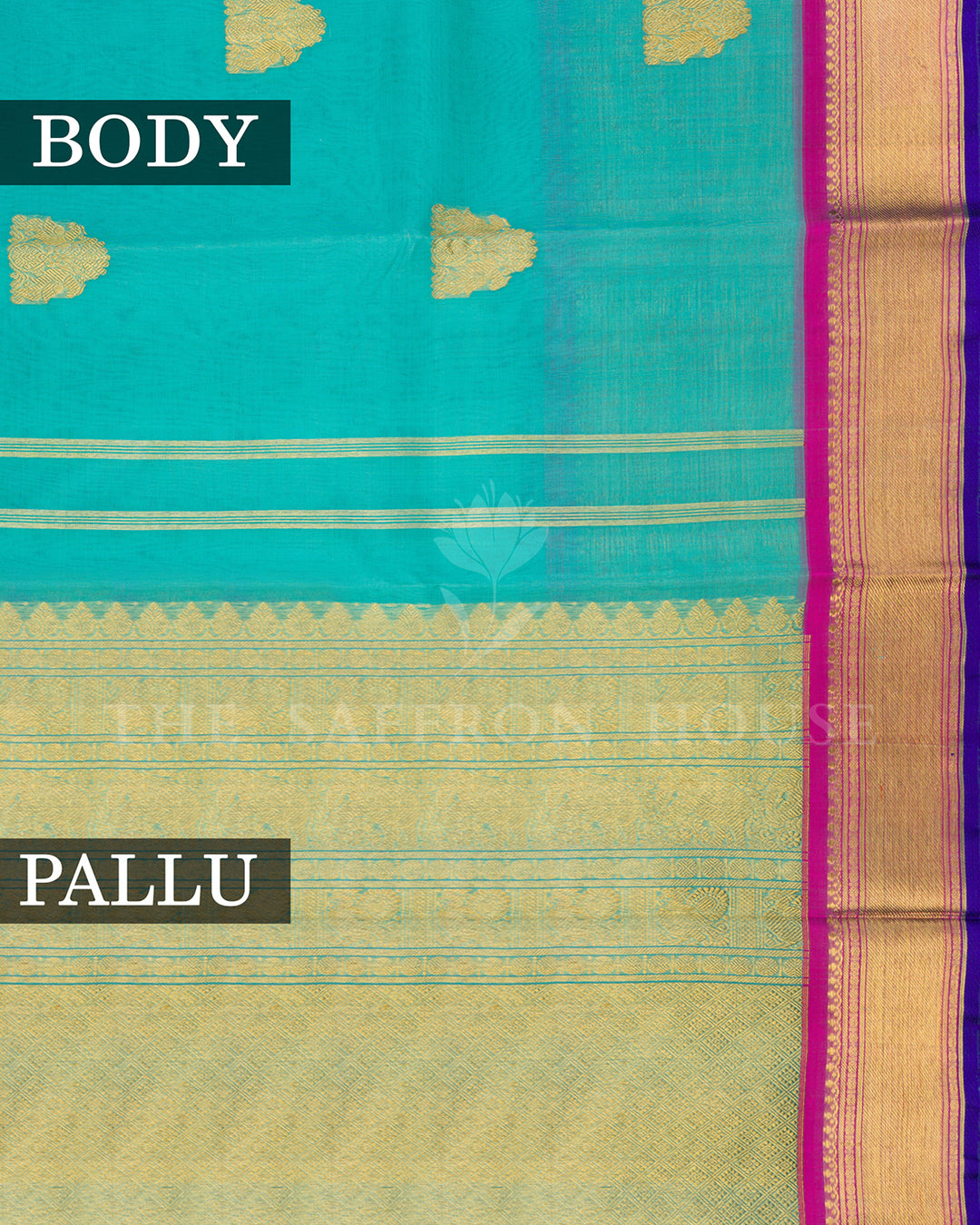 Turquoise Kora Kanchivaram Silk Saree with Gold Zari Butis & Magenta-Blue Contrast Border
