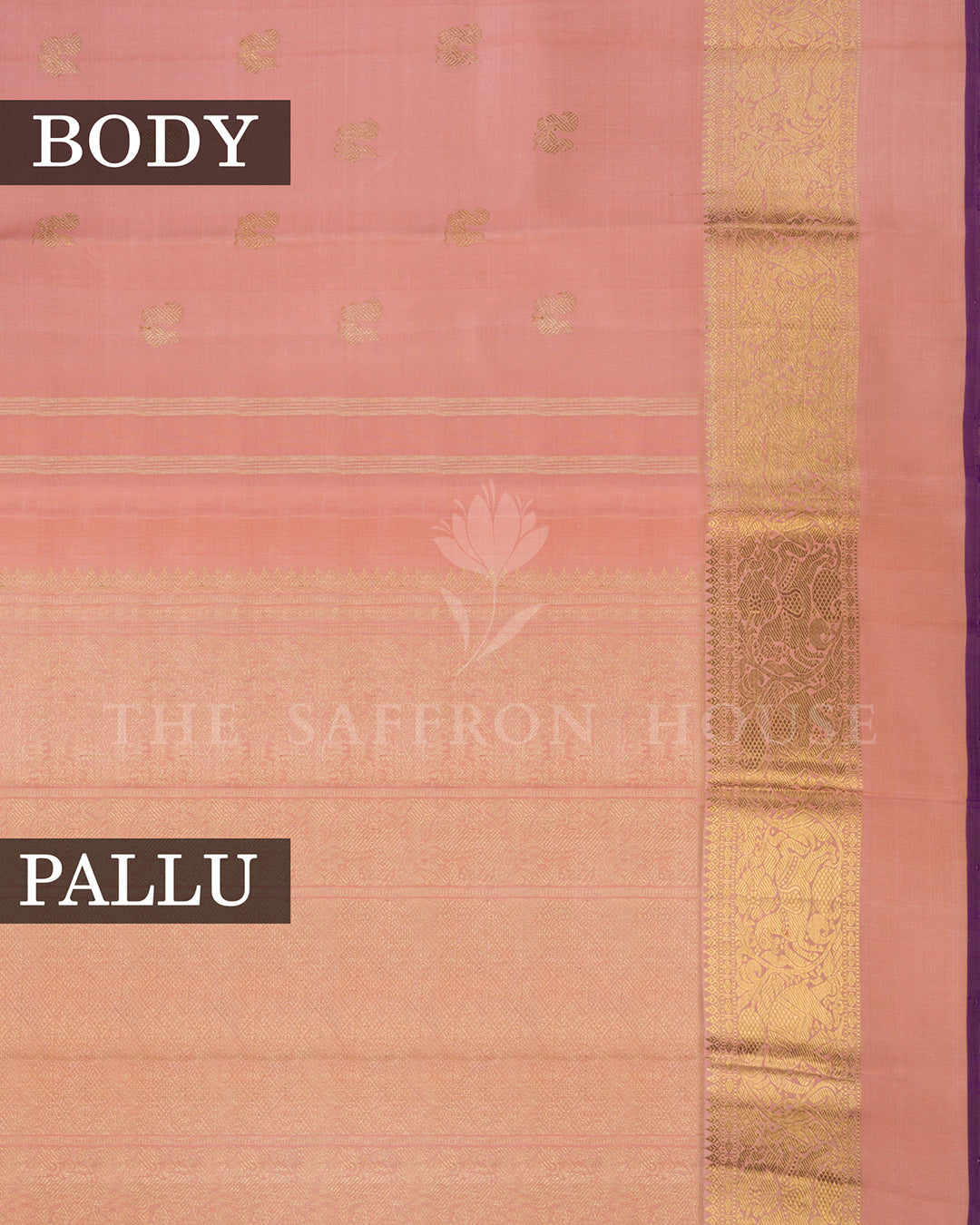 Peach Kanchivaram Silk Saree with Scattered Gold Zari Butis & Peacock Border
