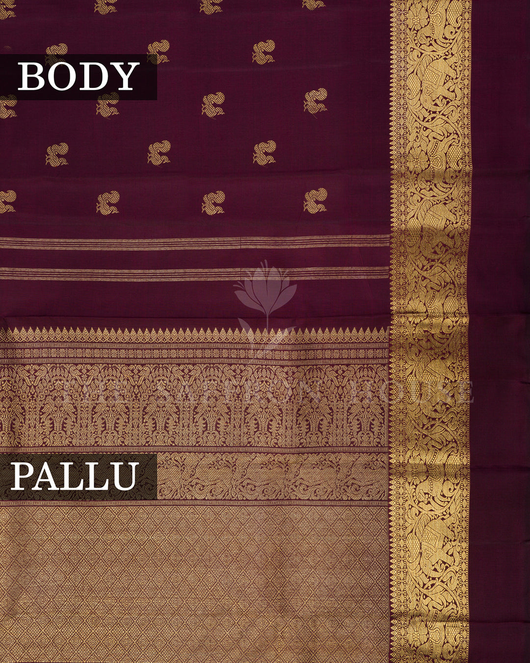 Wine Maroon Kanchivaram Silk Saree with Scattered Zari Peacock Butis & Elephant Shikargah Border