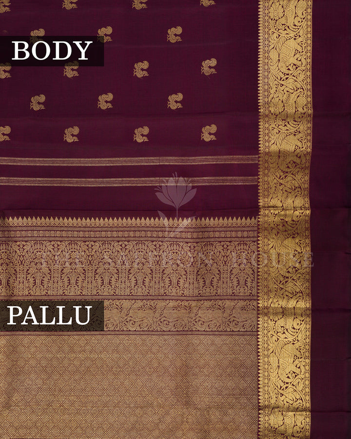Wine Maroon Kanchivaram Silk Saree with Scattered Zari Peacock Butis & Elephant Shikargah Border