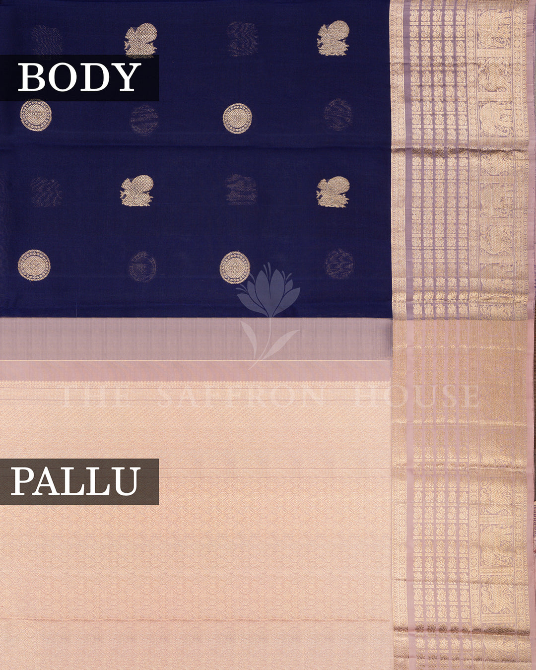 Navy Blue Kora Kanchivaram Silk Saree with Gold Zari Medallions & Peach Elephant Border
