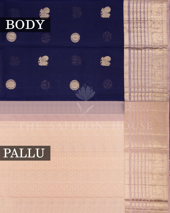 Navy Blue Kora Kanchivaram Silk Saree with Gold Zari Medallions & Peach Elephant Border