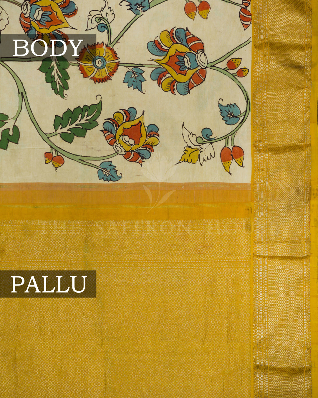 Beige And Mustard Yellow Handwoven Kalamkari Kanchi Silk Saree - TSH2506328