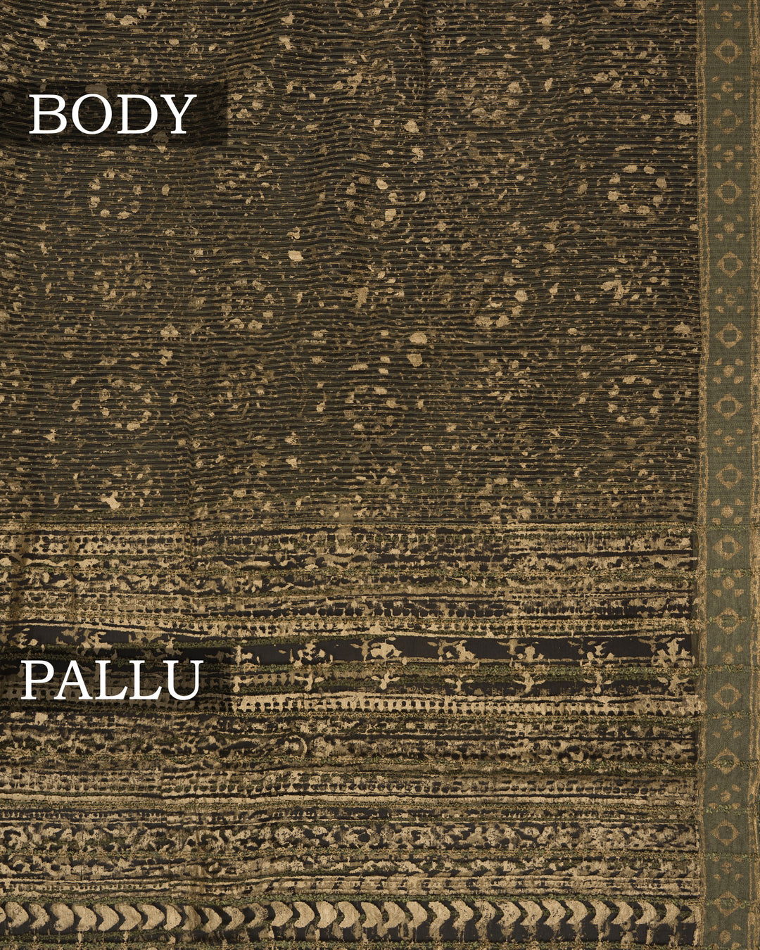 Olive Green Handwoven Tussar Organza Saree With Golden Zari Stripes - TSH2506071-view2