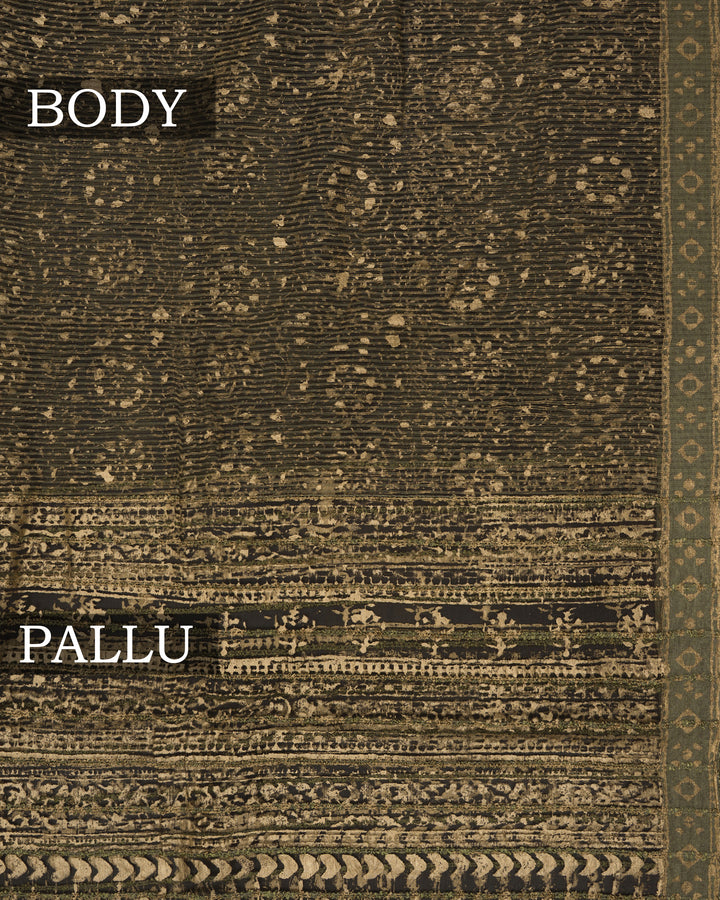 Olive Green Handwoven Tussar Organza Saree With Golden Zari Stripes - TSH2506071-view2