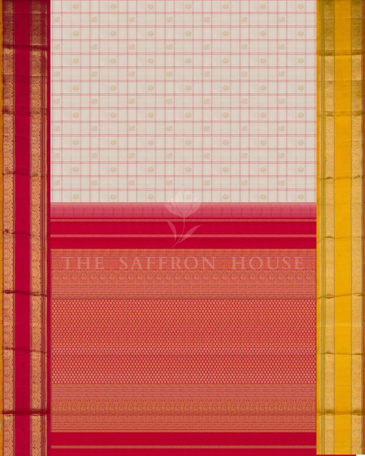 Handloom Kanjivaram Silk Saree in Off White, Red and Yellow - TSH250201