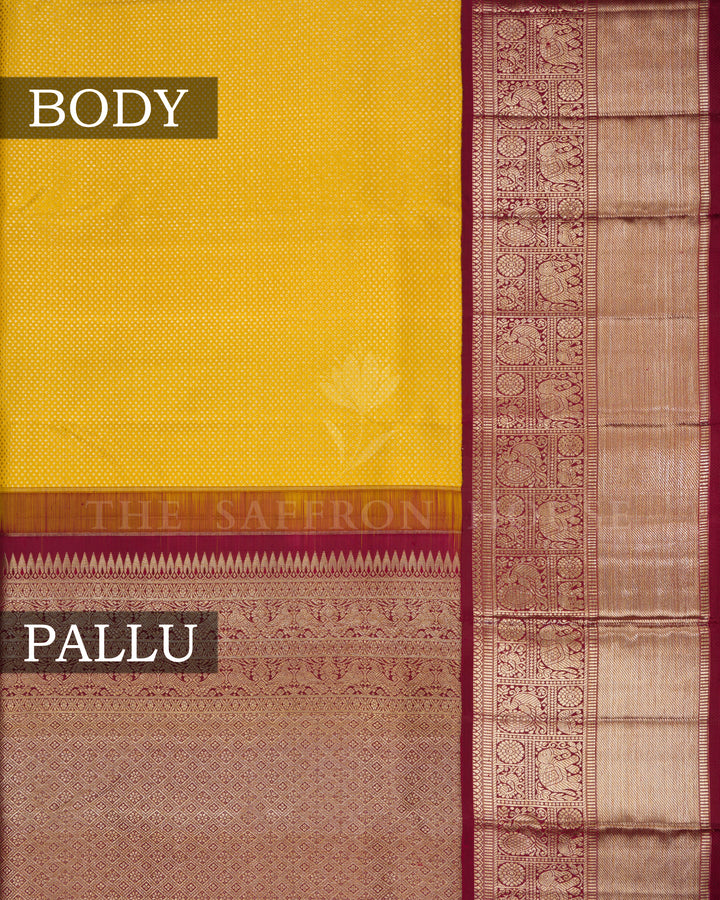 Mustard Yellow And Deep Maroon Handwoven Korvai Kanjivaram Silk Saree - TSH2506265