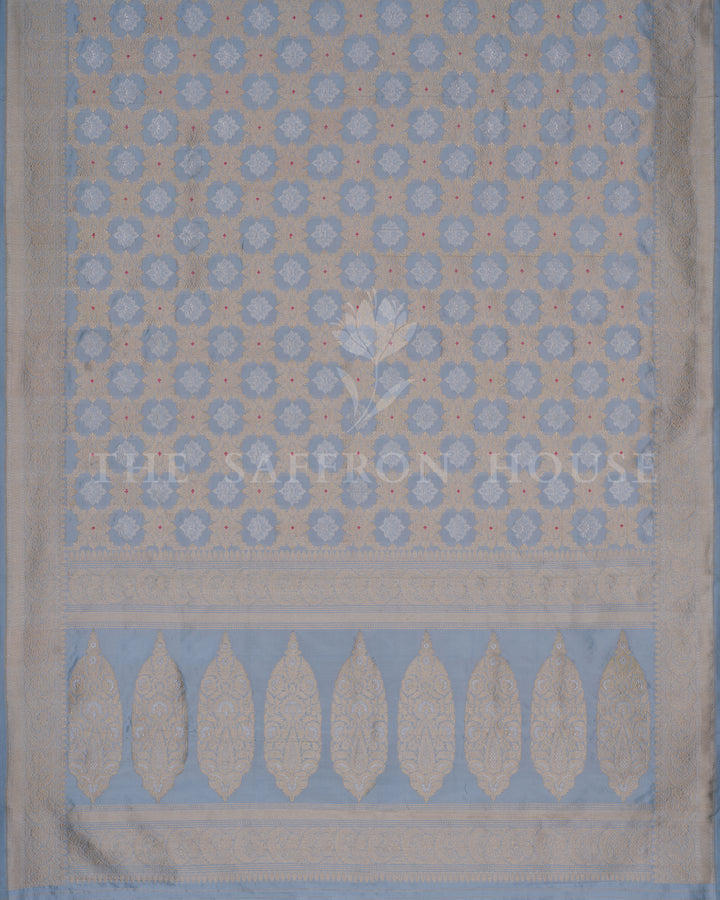 Sky Blue Katan Kadwa Banarasi Saree with Rosebud Motifs and Grand Zari Jaal