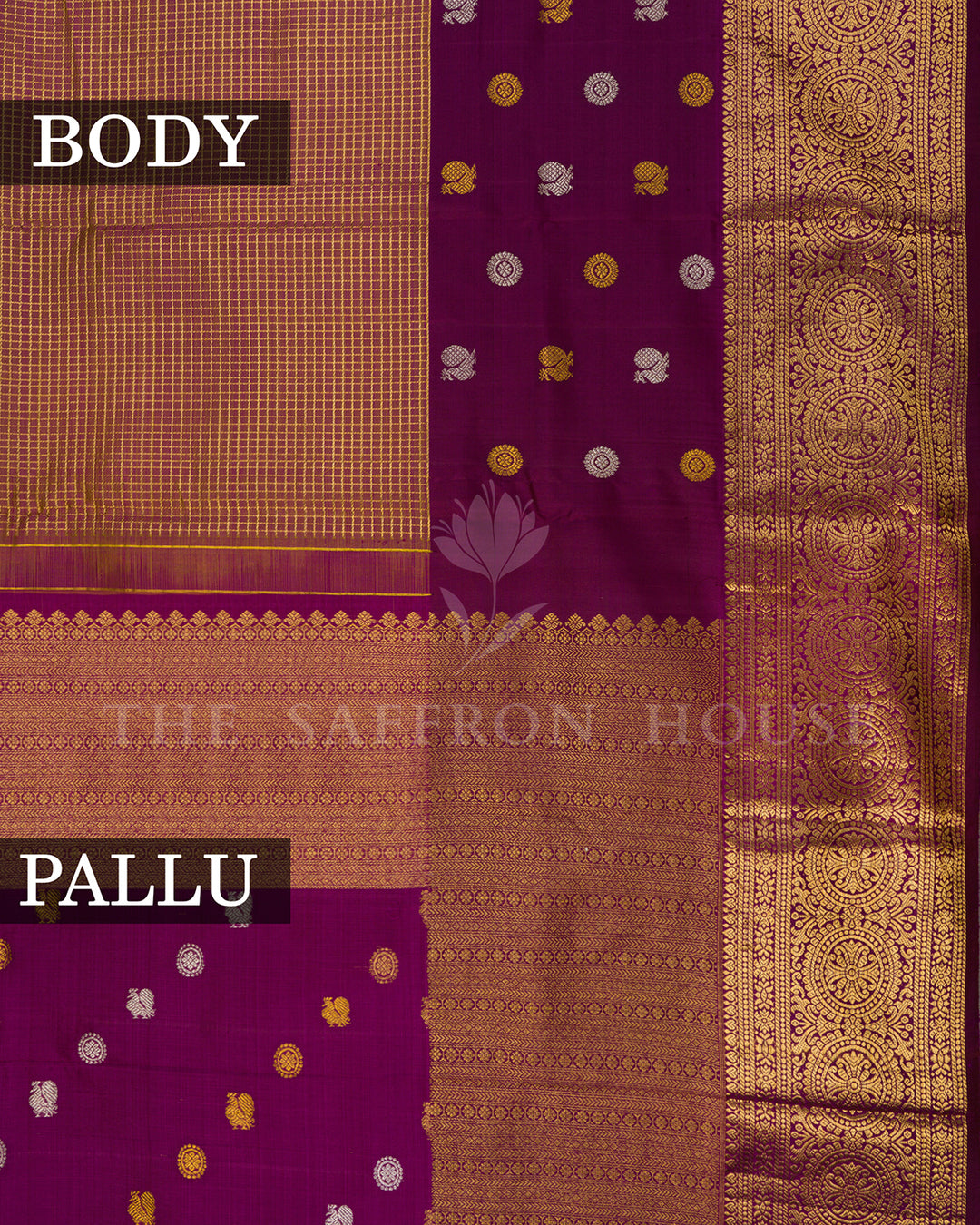 Magenta Kanchivaram Silk Saree with Gold Zari Check Weave & Circular Medallion Border