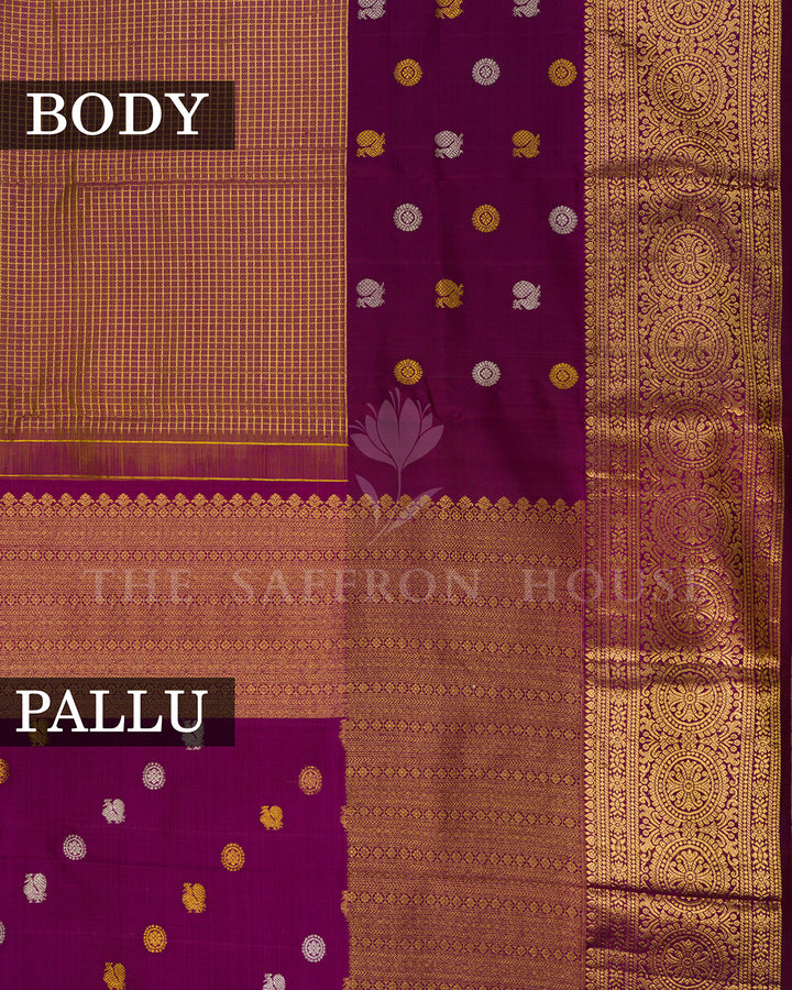 Magenta Kanchivaram Silk Saree with Gold Zari Check Weave & Circular Medallion Border
