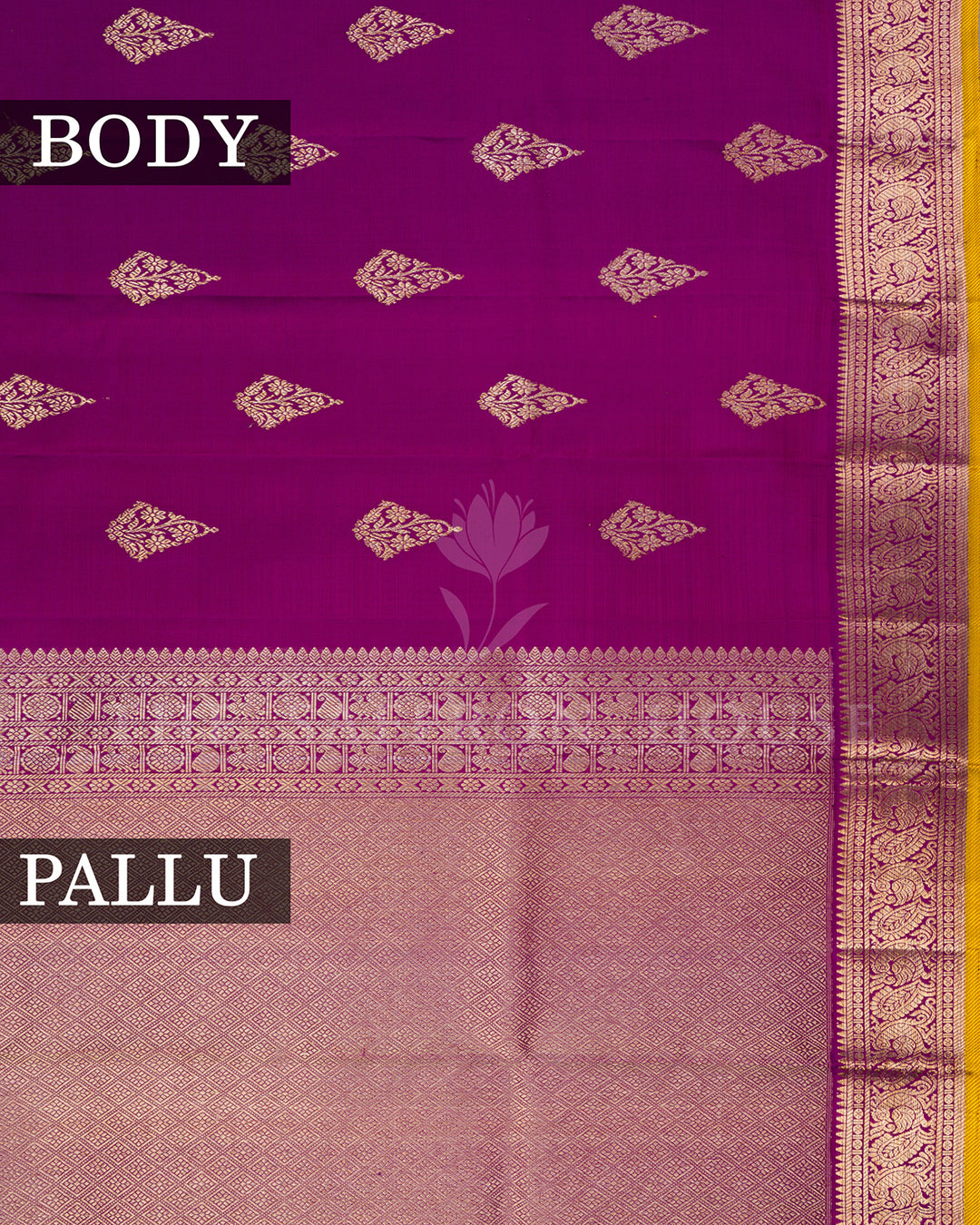 Magenta Kanchivaram Silk Saree with Gold Zari Kalka Butis & Peacock Border, Yellow Contrast Blouse