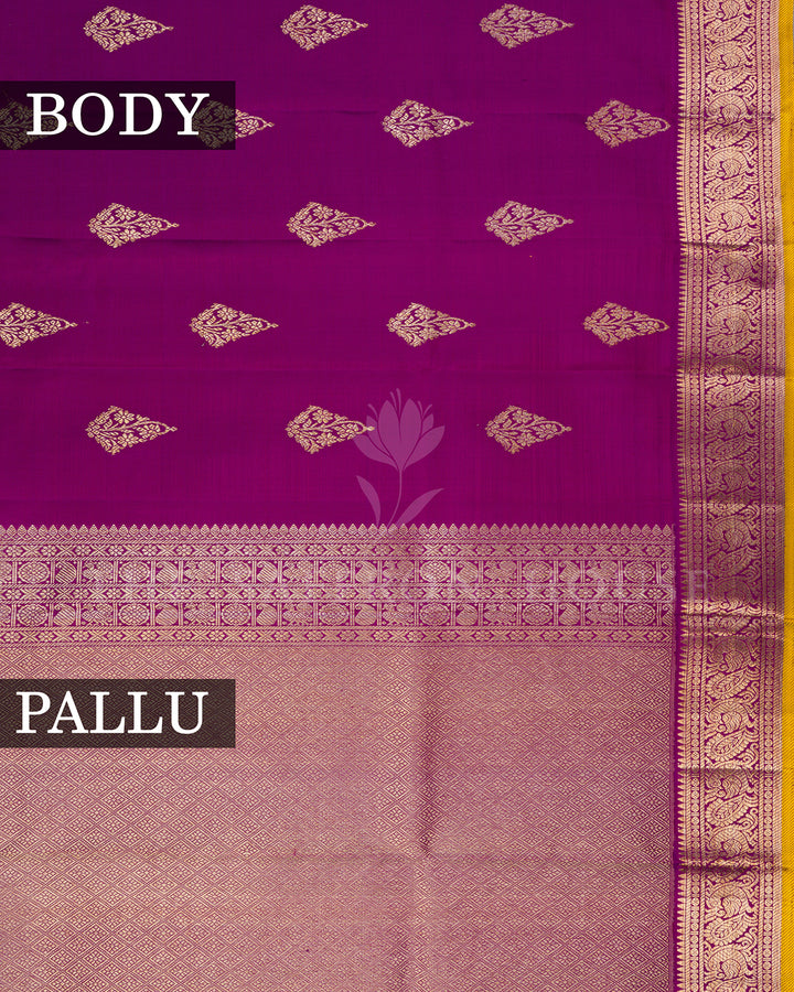 Magenta Kanchivaram Silk Saree with Gold Zari Kalka Butis & Peacock Border, Yellow Contrast Blouse