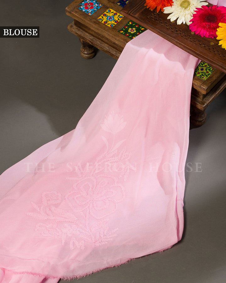 Baby Pink Georgette Chikankari Saree with Tone-on-Tone Floral Embroidery