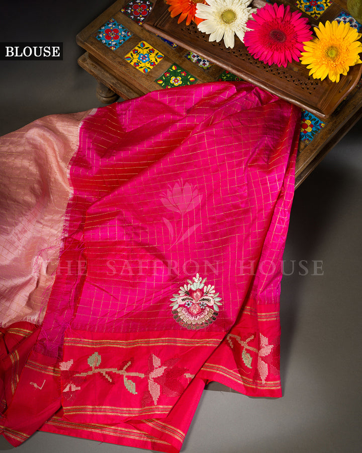 Peach Silk Saree with Zari Check Weave & Hand-Embroidered Rose Vine Border