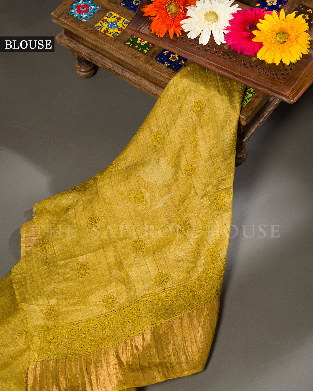Mustard Olive Tussar Silk Saree with Tone-on-Tone Chikankari Embroidery & Tasseled Edge