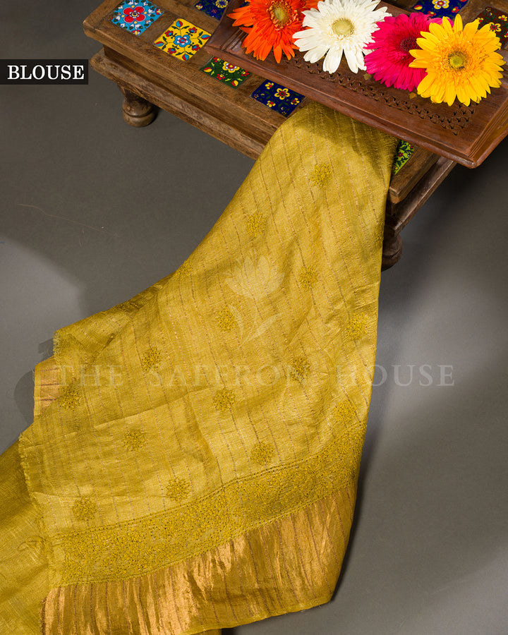 Mustard Olive Tussar Silk Saree with Tone-on-Tone Chikankari Embroidery & Tasseled Edge