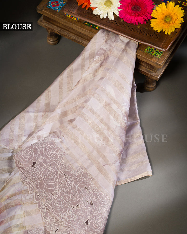 Lavender Organza Saree with Rose Floral Digital Print & Cutwork Scalloped Lace Border