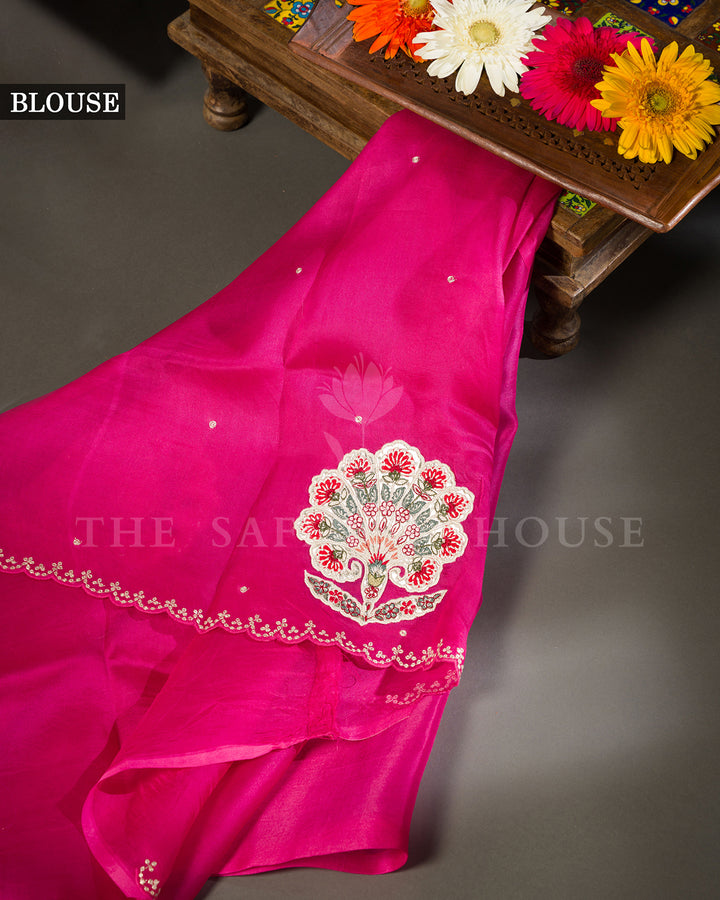 Magenta Pink Organza Saree with Hand Embroidered Floral Fan Motifs & Scalloped Border