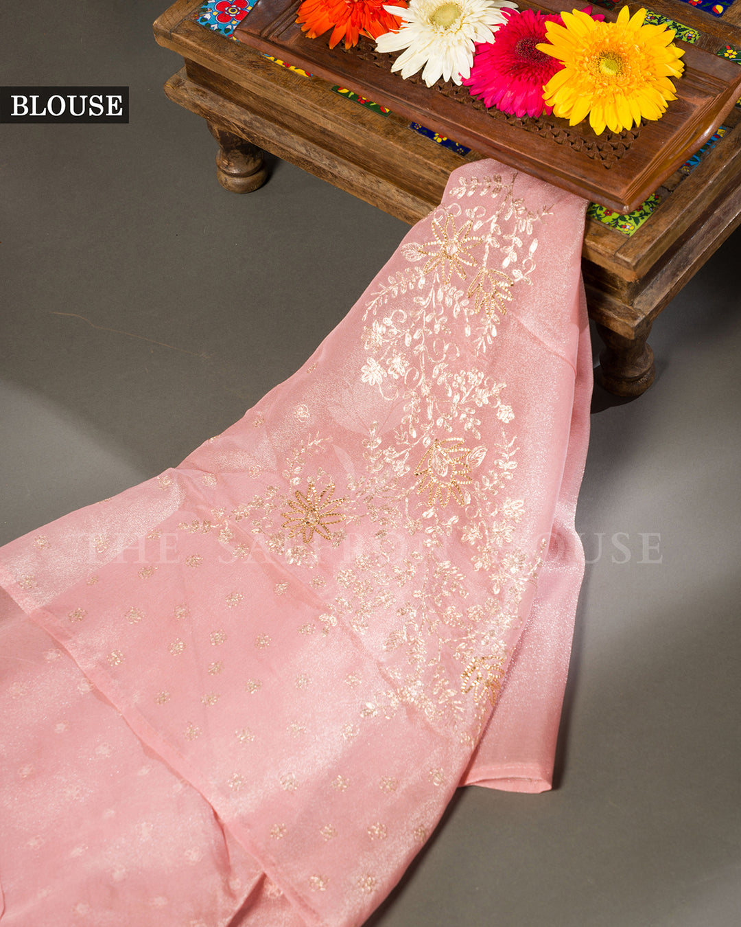 Blush Pink Tissue Organza Saree with Gold Sequin Floral Vine Embroidery & Scalloped Border