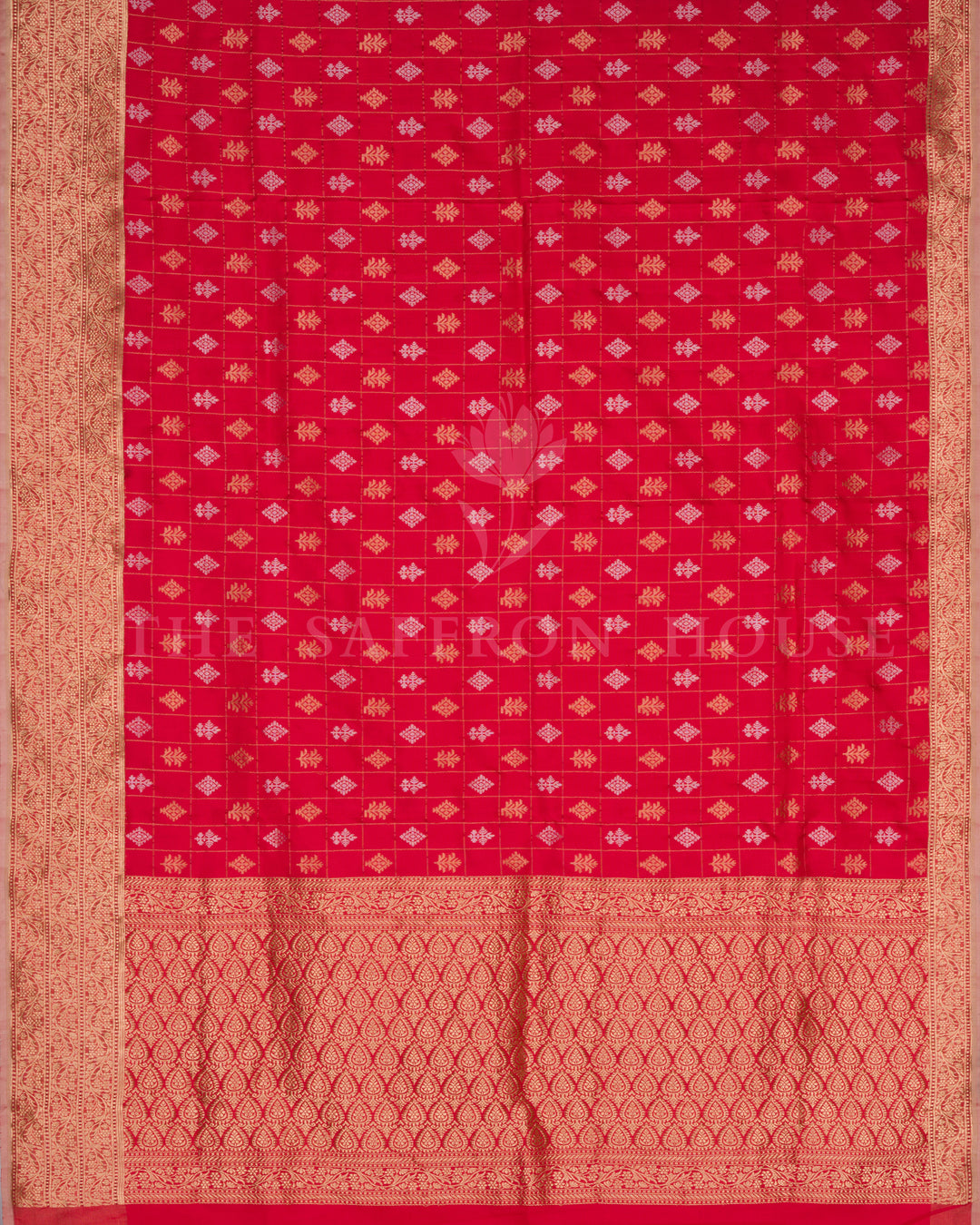 Ruby Red Katan Kadwa Banarasi Saree with Gold Zari Checkered Buttas