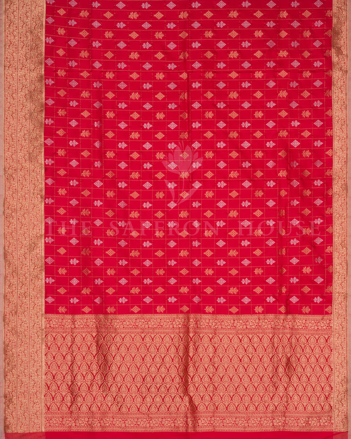 Ruby Red Katan Kadwa Banarasi Saree with Gold Zari Checkered Buttas