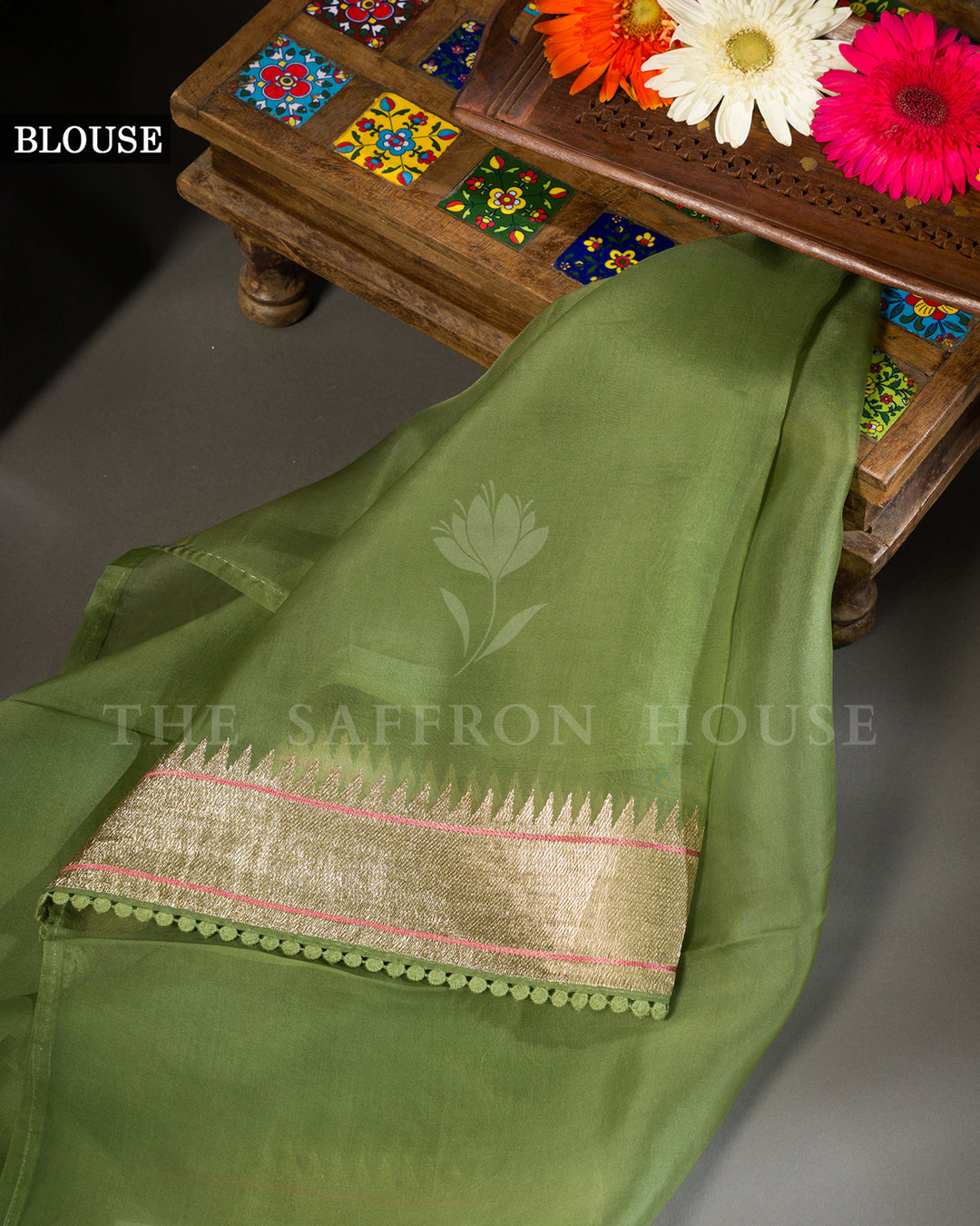 Moss Green Organza Saree with Multicolor Rose Embroidery & Temple Border