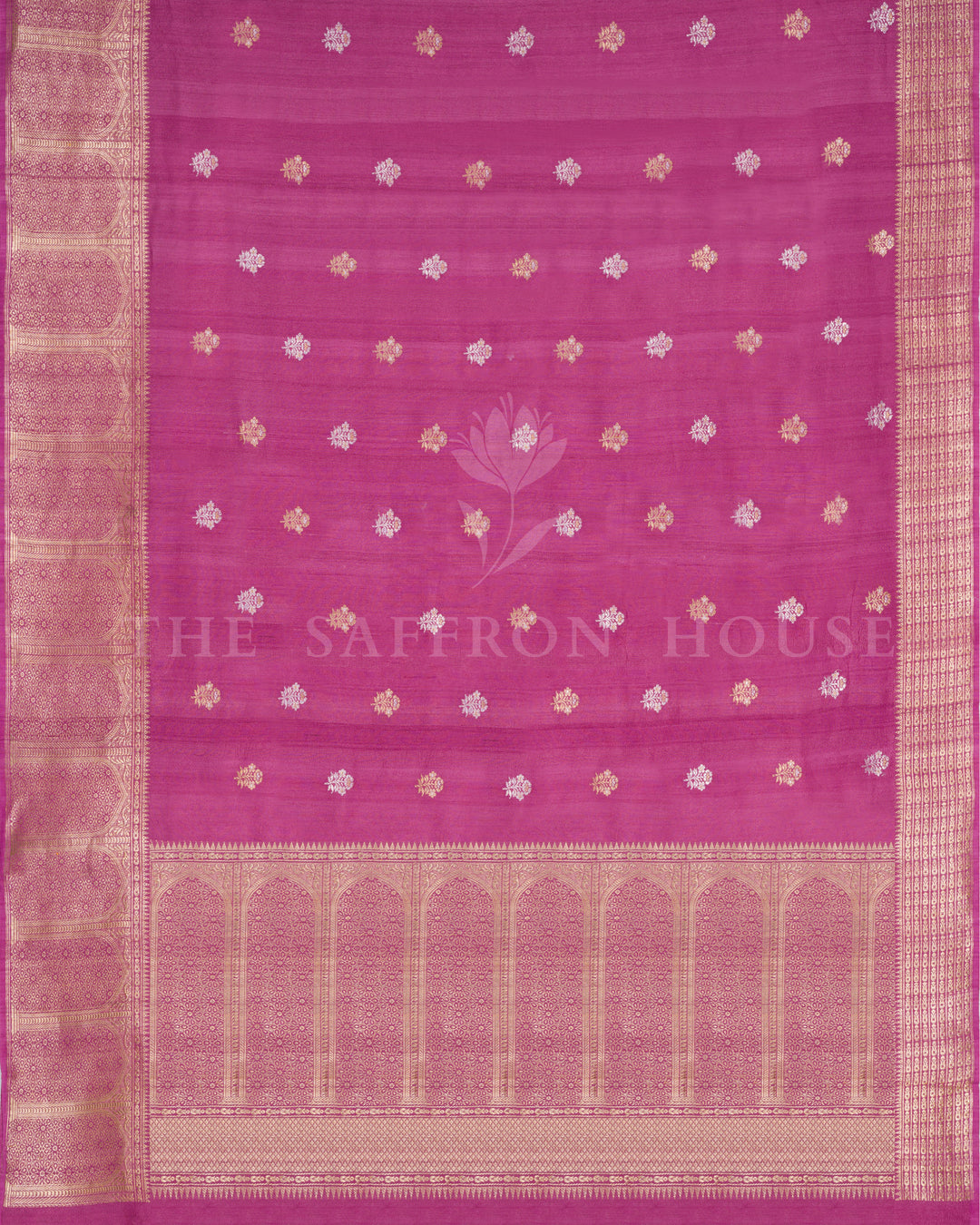 Magenta Banarasi Tussar Georgette Saree with Floral Jaal & Minar Border – Handwoven Zari Elegance