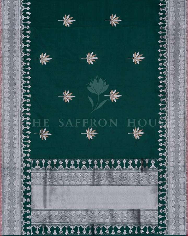 Bottle Green Katan Banarasi Saree with Silver Zari and Meenakari Palm Motifs