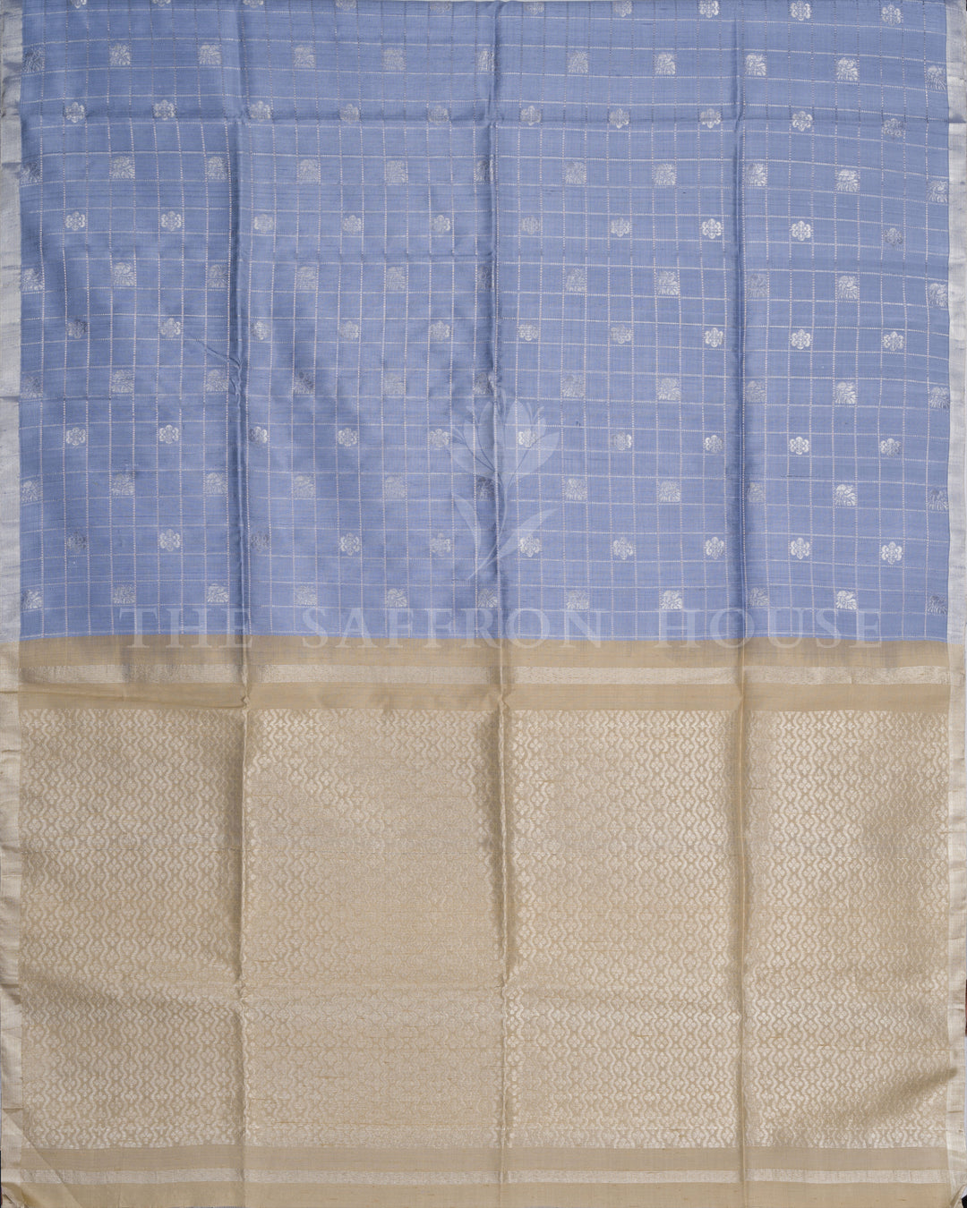 Powder Blue Tussar Soft Silk Saree with Zari Checks & Gold Border - TSH6061